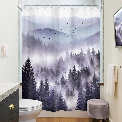 Riyidecor Purple Shower Curtain 48Wx72H Inch,Stall Narrow Rv Small Nature Mountain Woods,Rustic Landscape Scenery Pine Tree Natural Woodland Bathroom Decor Fabric Polyester Waterproof 12 Pack Hooks