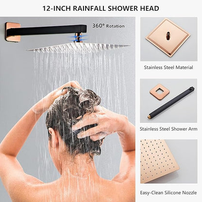 Shower Faucet Set with Tub Spout, Matte Black and Rose Gold Rainfall Shower System Complete Wall Mounted for Bathroom with 12 Inch Square Shower Head and Handheld Shower Head Rain Mixer Combo