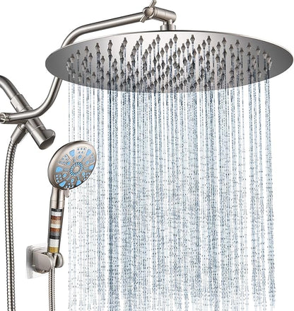 Cobbe 12 Inch All Metal Rain Shower Head, Dual Shower Heads with Handheld Spray Combo - Upgrade Extension Arm Height Adjustable - 9 Spray Filtered Shower Head, Brushed Nickel