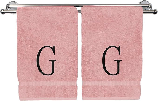 Monogrammed Hand Towel, Personalized Initial Gift, Extra Absorbent 100% Turkish Cotton - Soft Terry Finish - Set of 2 - Black Block Initial G - Embroidered on Pink Towels