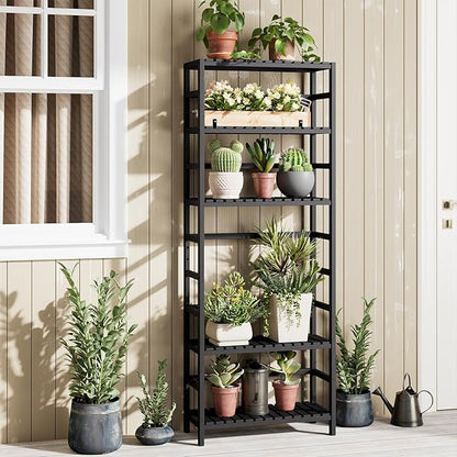 Bamjoy Bamboo Shelf, 6-Tier Bookshelf Adjustable Storage Shelves, Tall Shelving Unit Plant Stand, Storage Rack for Bathroom Home Office Living Room Kitchen, 23.6W x 10.2D x 63.4H Black