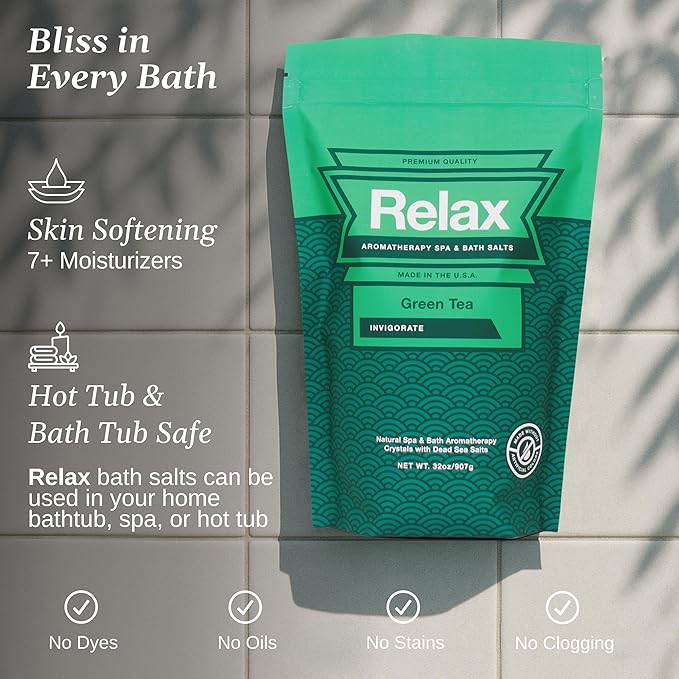 Relax Spa & Bath, Epsom & Dead Sea Salts, Aromatherapy Bath Soak for Hot Tub, Bath or Spa, Green Tea Scent