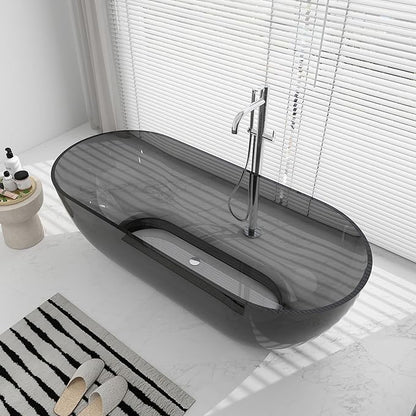 SJ STAR&JANE 69" Solid Surface Freestanding Bathtub Stone Resin Oval Soaking Tub Stand Alone Tub with Pop-up Drain Transparent Gray