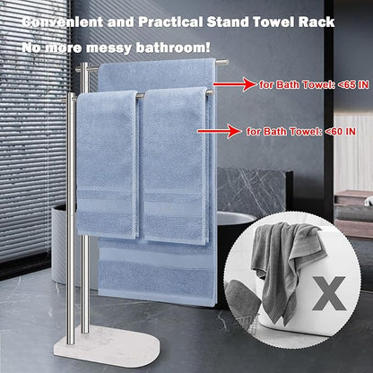 Livabber Standing Towel Rack, 304 Stainless Steel 2-Tier Towel Holder Stand with Marble Base, Modern Stylish Tall Shower Towel Bar for Bathroom Accessories, Pool（Brushed Nickel）