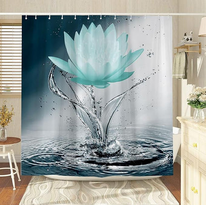 Lotus Shower Curtain Black White Blue Teal Flower Elegant Blooming Floral with Dew Spring Flower Reflection on Water Modern Romantic Polyester Fabric Bathroom Decor 36×70 Inch with Hook