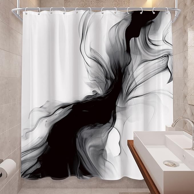 Cinbloo Black and White Shower Curtain 60Wx72H Abstract Bathroom Decor for Men Modern Ombre Grey Minimalist Marble Shower Curtain Set Elegant Ink Texture Neutral Shower Curtain Fabric with 12 Hooks