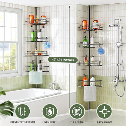HAMITOR Corner Shower Caddy Tension Pole: 4-Tier Rust-Resistant Adjustable Bathroom Organizer Shelves - 47-121 Inch No-Drill Quick Installation - Space-Saving Storage for Renters Families - Black