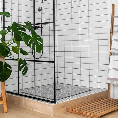 Shower Mat Non Slip,27 x 27 Inch Extra Large Bath Mat with Drain,Soft Square Loofah Shower Stall Mat Bathtub Mat for Bathroom,Without Suction Cups (Black White)