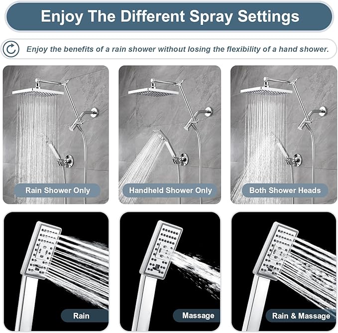 BRIGHT SHOWERS High Pressure Rain Shower Head Combo with Double Extension Arm, 8 Inch Rainfall Shower Head with Handheld Spray, Height Adjustable Dual Square Showerhead Set, Chrome