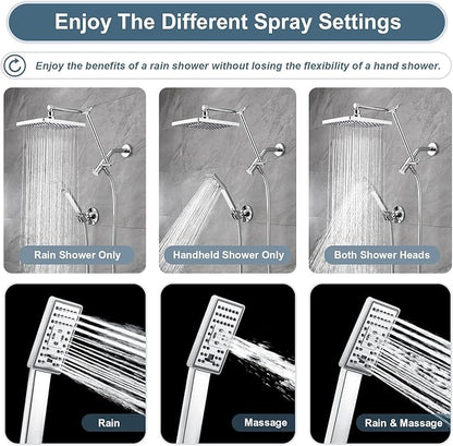 BRIGHT SHOWERS High Pressure Rain Shower Head Combo with Double Extension Arm, 8 Inch Rainfall Shower Head with Handheld Spray, Height Adjustable Dual Square Showerhead Set, Chrome