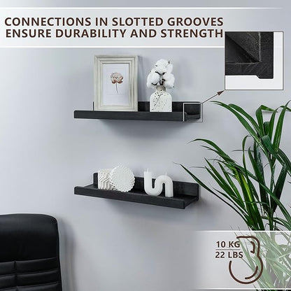 Floating Shelves for Wall 16 inch, Waterproof, Wall Storage Shelves with Lip, Display Picture Ledge Shelf for Living Room Photo Frame, Natural Wood Hanging Book Shelves (Black, Set 2)
