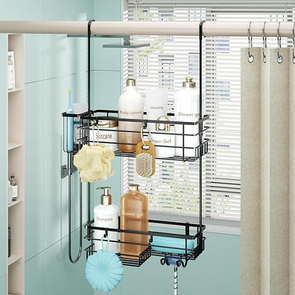 HapiRm Hanging Shower Caddy Organizer - No Drilling Shower Shelves with Hooks and Toothbrush Holder, Rustproof 304 Stainless Steel Bathroom Organizer - Black