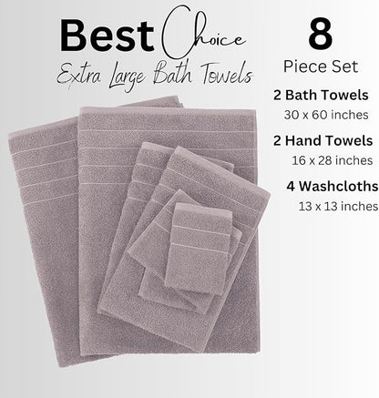 Casa Platino 100% Cotton 8 Piece Bath Towel Set - Ring Spun, Quick Dry, Super Soft & Highly Absorbent - 2 Bath, 4 Washcloths, 2 Bathroom Hand Towels - Hotel Quality Bathroom Towel Set - Platinum