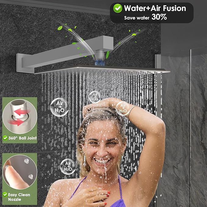 Enga Dual Shower Head System with Body Jets, 12"+ 6" Wall Mounted Dual Rain Shower Faucet with Valve Kit, Brushed Nickel
