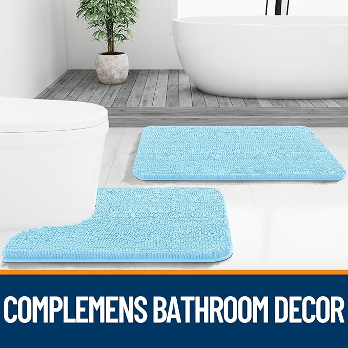 OLANLY Bathroom Rugs 70x46, Extra Soft Absorbent Chenille Bath Rugs, Rubber Backing Quick Dry, Machine Washable Bath Mats for Bathroom Floor, Tub and Shower, Home Decor Accessories, Sky Blue