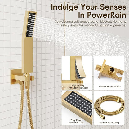 Gold Shower System, Shower Faucet Set with High Pressure 12 inch Shower Head and HandHeld, Wall Mounted Bathroom Shower Head Set,Shower Faucet Rough-in Valve and Trim Kit, Brushed,Gold