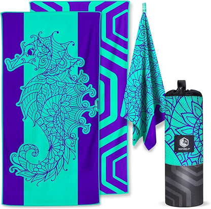 VENTURE 4TH Microfiber Beach Towel: Quick-Dry, Compact, Sand-Free, Absorbent, Sandproof and Lightweight - Perfect for Camping, Beach, and Roadtrips (Mandala Seahorse Design | 35x78 inches)