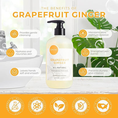 DANI Naturals Moisturizing Hand Soap – Grapefruit Ginger Scent, Hydrating, Sulfate-Free & Paraben-Free, 12 Oz Bottle with Pump, Gentle Cleansing for Dry Skin