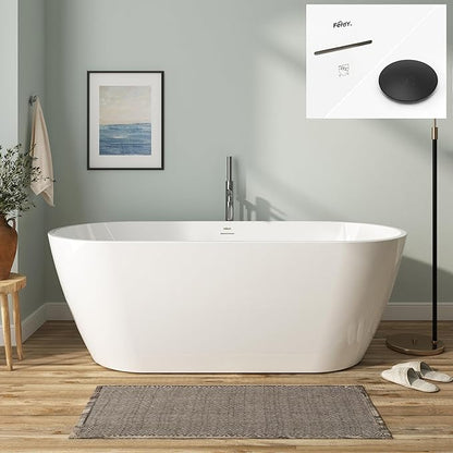 FerdY 67" Bali Acrylic Freestanding Bathtub, Gracefully Shaped Freestanding Soaking Bathtub, cUPC Certified, Toe-Tap Matte Black Drain and Minimalist Linear Design Overflow Included