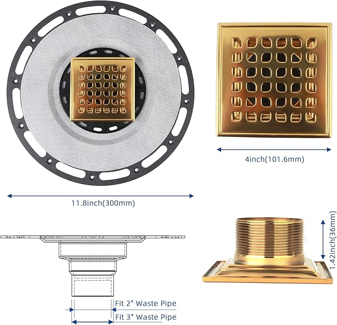 Square Shower Drain, 4-Inch Polished Gold Kit with Bonding Flange, Removable Stainless Steel Grate, Drain Key & Hair Strainer, Fits 2" & 3" Pipes for Tiled Floors