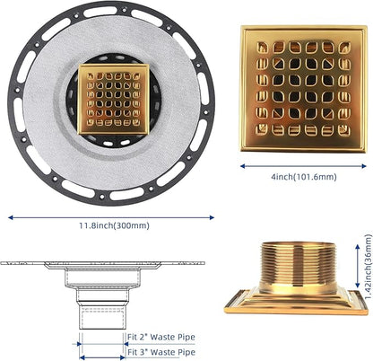 Square Shower Drain, 4-Inch Polished Gold Kit with Bonding Flange, Removable Stainless Steel Grate, Drain Key & Hair Strainer, Fits 2" & 3" Pipes for Tiled Floors