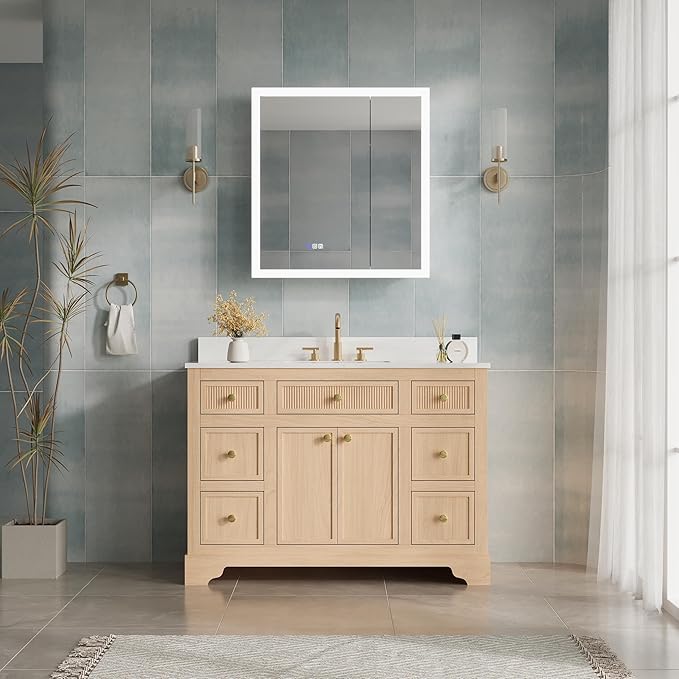 WELLFOR 30 x 32 Inch LED Medicine Cabinet with Lights, 3X Magnification Makeup Mirror, Bathroom Vanity Mirror Cabinet with Storage, Anti Fog, Surface or Recess Mount, Double Opening Door