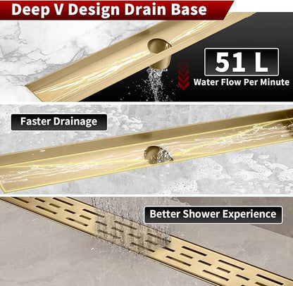 Sharp-tec Linear Shower Drain, 36 inch Shower Drain with Removable Pattern Cover, Brushed Gold 304 Stainless Steel Rectangle Floor Drain, Adjustable Feet and Hair Strainer Included (Model 101)