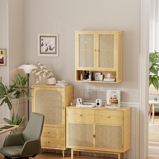 Bathroom Wall Cabinet, Bamboo Over-The-Toilet Storage Organizer with 2 Rattan Doors and Adjustable Shelf, Space Saver Medicine Cabinet for Laundry, Kitchen, Living Room (Natural)