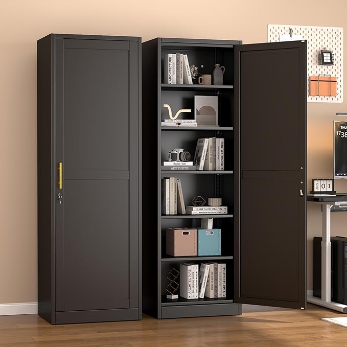 Metal Locker Tall Narrow Storage Cabinet, 67" H Locking Tool File Cabinets Snack Locker Organizer for School Classroom,Bedroom,Gym Home Office,Entryway and Hallway (20" W 1Door Black)