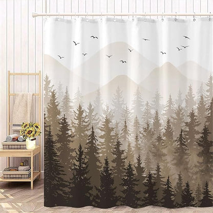 Aipon Brown Misty Forest Shower Curtain Ombre Nature Tree Plants Shower Curtains Fabric Waterproof Mountain Shower Curtain Sets for Bathroom Bath Decor with 12 Hooks (Brown, 72'' × 72'')