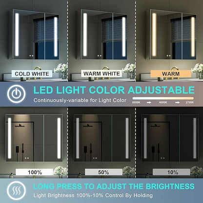 WELLFOR 36" X 30" LED Medicine Cabinet with Mirror, Double Opening Door, Recessed or Surface Cabinet Mirror, Bathroom Mirror Cabinet, Medicine Cabinet with Lights with Outlets & USB Ports