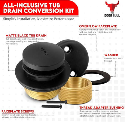 Tip-Toe Bathtub Drain Trim Kit with Two-Hole Overflow Faceplate – All Brass Tub Drain Stopper Replacement – Fits Fine or Coarse Thread Drain Shoe – Universal Tub Drain Assembly