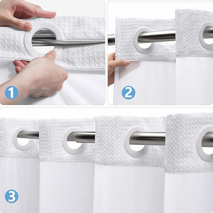 No Hook Waffle Weave Shower Curtain Set with Snap-in Fabric Liner and Mesh Top Window,256GSM Heavy Duty Fabric,White Washable Luxury Shower Curtain for Bathroom Stalls (72x75 Inch)