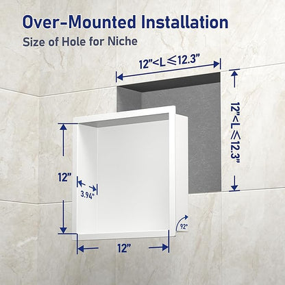 Stainless Steel Shower Niche 12" X 12" White No Tile Needed Niche Shower Recessed Wall Niches for Bathroom Storage Over Mount Installation