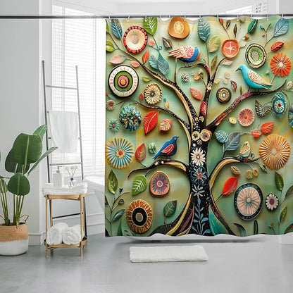 Bohemian Shower Curtain, Boho Floral Print Water Repellent Polyester Fabric for Bathroom Decor, 72×72 Inch Standard Size with 12 Hooks, Also as Room Divider