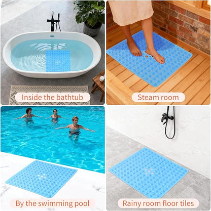 Anti-Slip Bathtub Shower mat, 20.8×20.8（Approximately 53×53cm） inch Soft Oversized Machine Washable Non-Slip Bathtub mat with Drainage Holes, Bathroom Floor Suction Cup.（1-Clear Blue）