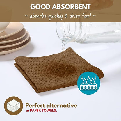 Native Fab Waffle Weave Dish Towels 12 Pack 100% Cotton, 16x26 Inches, Super Absorbent, Quick Dry, Waffle Knit Dishcloths with Hanging Loop, Washable for Kitchen Cleaning, Drying Dishes, Brown