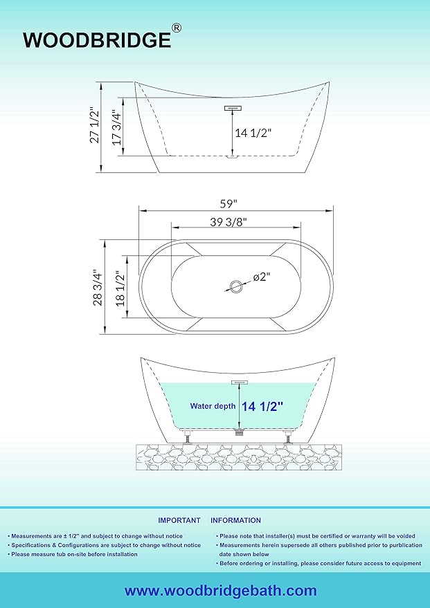WOODBRIDGE 59" Acrylic Freestanding Bathtub Contemporary Soaking Tub, Black Acrylic(Brushed Nickel Drain/Overflow),BTA1816-BN