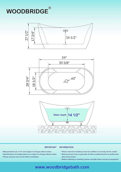 WOODBRIDGE 59" Acrylic Freestanding Bathtub Contemporary Soaking Tub, Black Acrylic(Brushed Nickel Drain/Overflow),BTA1816-BN