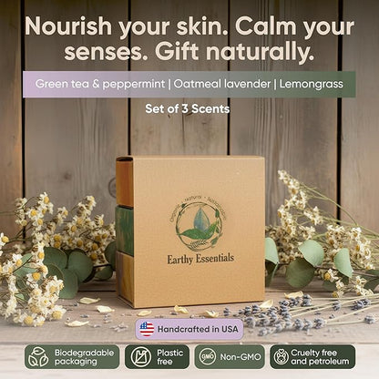 Organic Bar Soap Set – Handmade Natural Soap Bars with Essential Oils – Oatmeal Lavender, Lemongrass & Green Tea Peppermint (3.25 oz Each, 3 Bars)