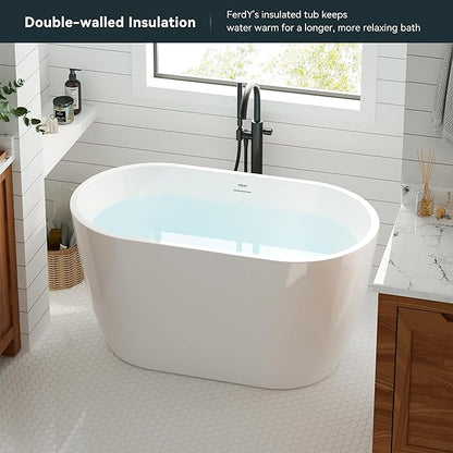 FerdY 47" Bali Acrylic Freestanding Bathtub with Headrest, Gracefully Shaped Soaking Bathtub, cUPC Certified, Toe-Tap Matte Black Drain &Minimalist Linear Design Overflow& Bath Pillow Included