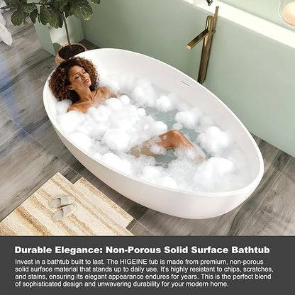 71" Premium Solid Surface Freestanding Bathtub, Unique Oval Stone Resin Tub with Overflow and Pop-up Drain, Matte White