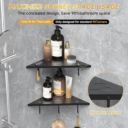 Corner Shower Shelf 10" Matte Black 304 Stainless Steel Recessed Shelf for Bathroom，Shower Corner Rack with Razor Hole Hook，Grout in Shelf for Tiled Wall, 2 Pack