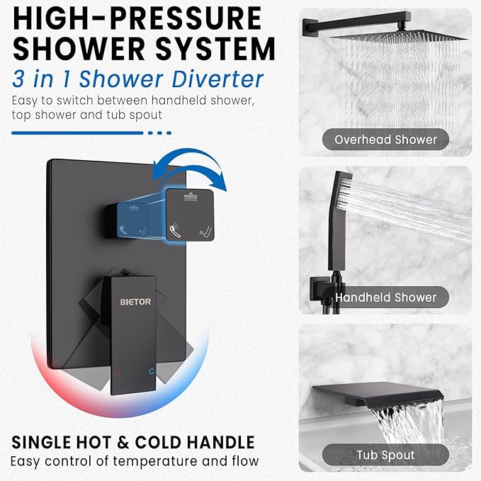 Wall Mounted Shower Faucet Set, Shower System with Tub Spout, 10 Inch Rainfall Shower Head with Handheld Spray, Waterfall Tub Spout Bathtub Faucet, Black