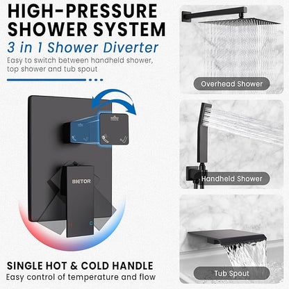 Wall Mounted Shower Faucet Set, Shower System with Tub Spout, 10 Inch Rainfall Shower Head with Handheld Spray, Waterfall Tub Spout Bathtub Faucet, Black
