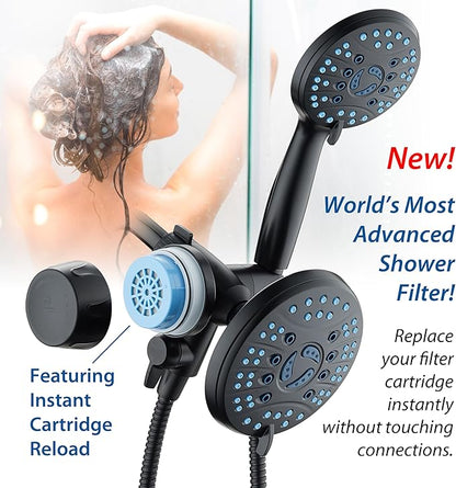 AquaCare Skin & Hair - World's Only Shower Head Combo Filter with Built-in 3-way Water Diverter, ON/OFF Filtration Modes, Instant Cartridge Reload & Stay-Clean American KDF Cartridge, Matte Black