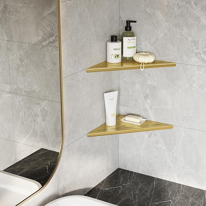 Neodrain 10 Inch Golden Corner Shower Shelves,Set of 2, Gold Corner Shelf for Tile Wall Insert, 304 Stainless Steel Shower Storage Shelves for Bathroom,No Drilling