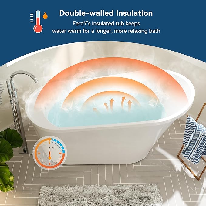FerdY Langkawi 59" Acrylic Freestanding Bathtub, White Modern Stand Alone Soaking Bathtub, cUPC Certified, Polished Gold Drain and Minimalist Linear Design Overflow Included, Easy to Install
