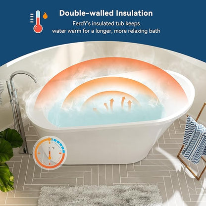 FerdY Langkawi 59" Acrylic Freestanding Bathtub, White Modern Stand Alone Soaking Bathtub, cUPC Certified, Polished Gold Drain and Minimalist Linear Design Overflow Included, Easy to Install