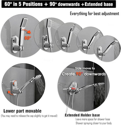 Handheld Shower Head Holder - 5 Positions Adjustable + 90° downwards - Adhesive Wall Mount - Fits Large showerhead - Wider Slot For Universal Fits - Polished Chrome